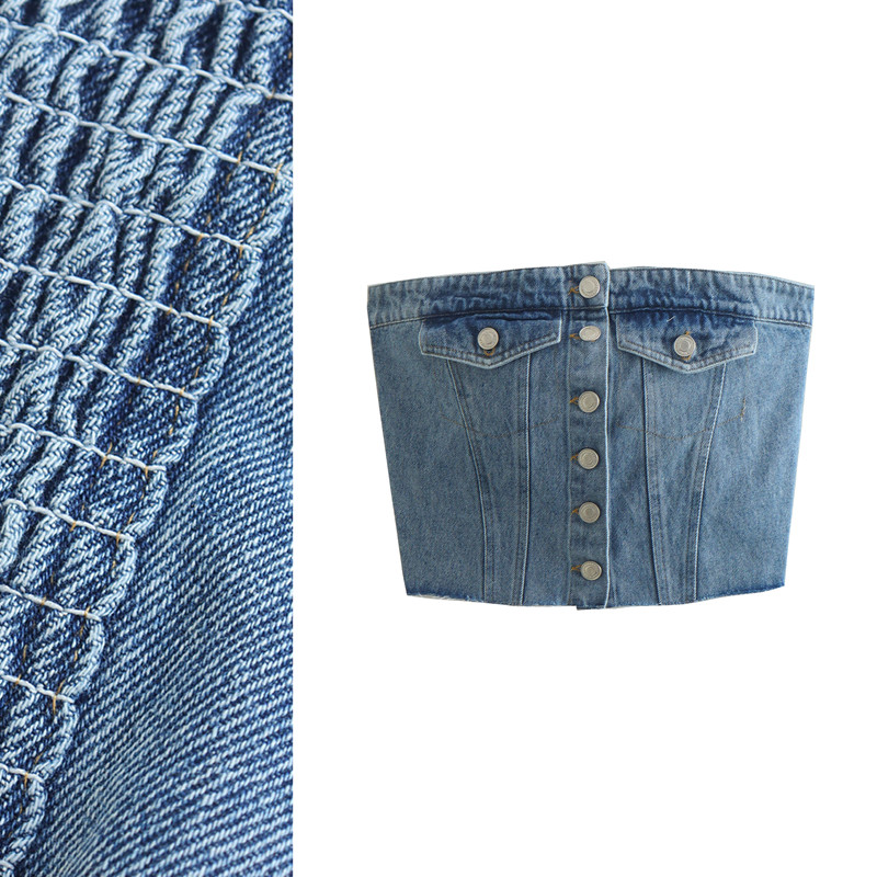 单排扣牛仔抹胸女外穿胸衣