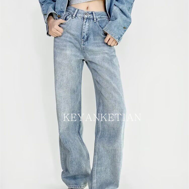 KEYANKETIAN 8916 高腰宽松牛仔裤女浅蓝色直筒显瘦撞色口袋长裤