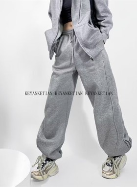 KEYANKETIAN 9181 美式高街风灰色运动裤女宽松休闲抓绒阔腿卫裤