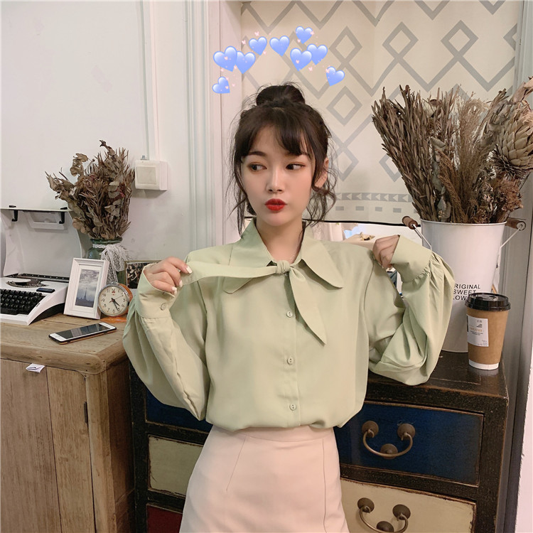 Real shot real price Korean version design sense minority long sleeve solid color shirt feminine temperament shirt