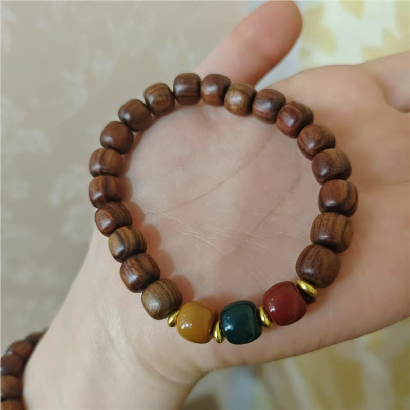 三色珠手串黑花梨木黑檀木蚂蚁沉香08老型桶珠红绿灯直播景区