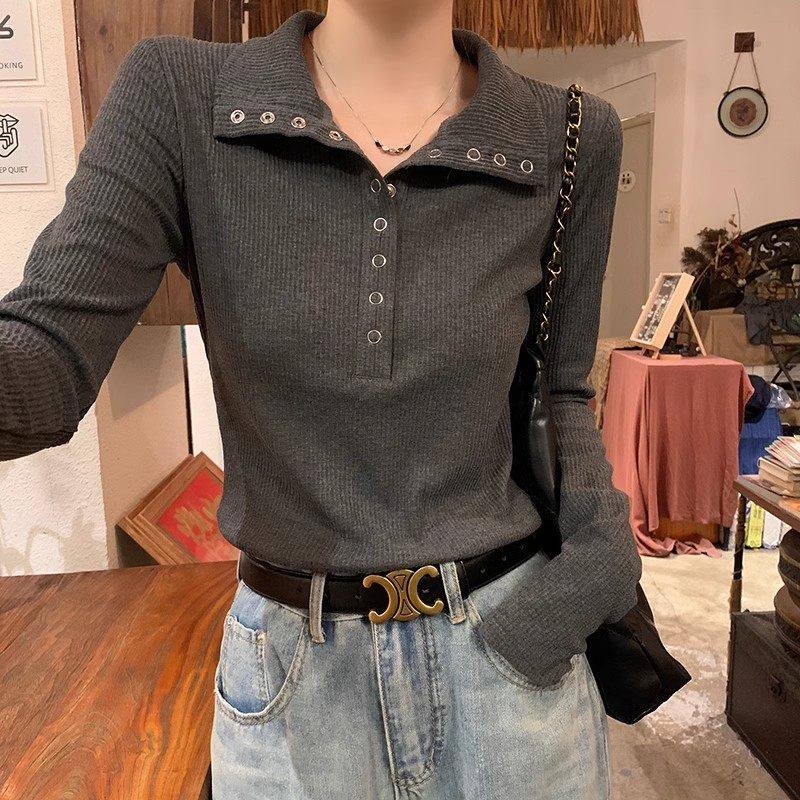 polo领多扣针织衫女2025年冬季长袖修身高级感灰色毛衣上衣