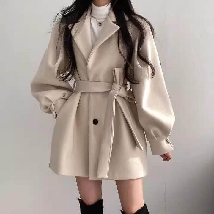 韩版杏色毛呢外套女2024秋冬复古西装领两粒扣收腰绑带呢子大衣