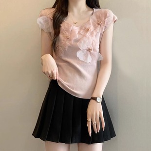 显瘦多巴胺穿搭小衫 法式 夏季 粉色花朵短袖 上衣 圆领T恤女2025新款