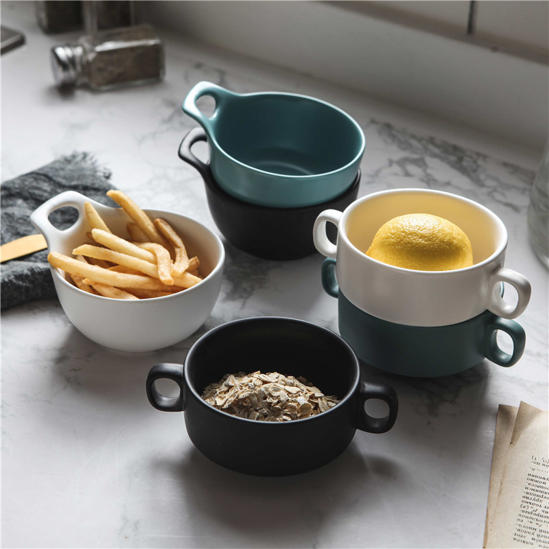 Creative northern Europe simple matte ceramic small soup bowl with two ears