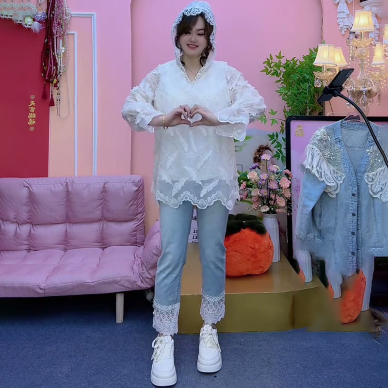 胖mm显瘦钉珠蕾丝镂空边牛仔裤2025春季新款裤子遮肉大码女装长裤,女装/女士精品,大码裤装,淘宝优惠券,粉丝福利购,淘宝优惠卷