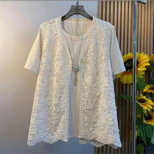 休闲蕾丝花边马甲短袖 大码 时尚 2026春夏款 T恤宽松显瘦两件套 女装