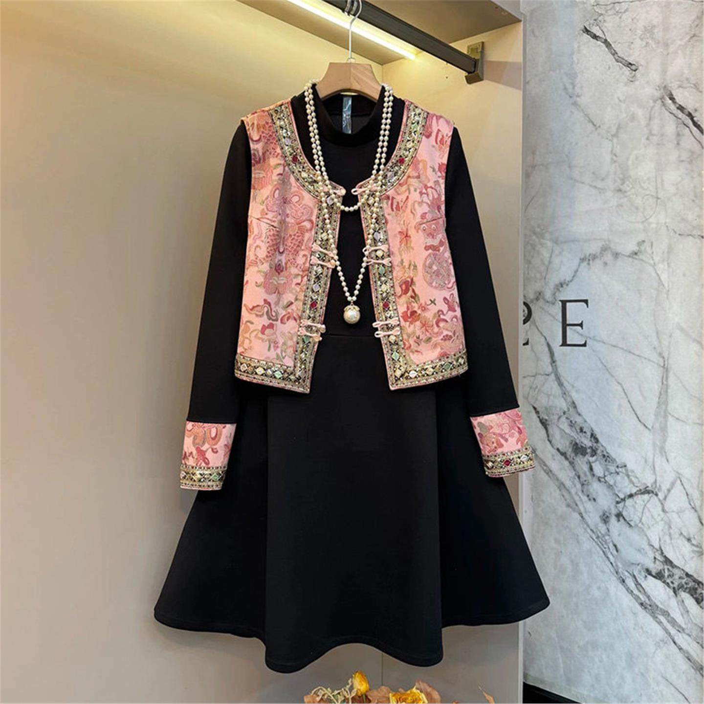 胖妹妹国风复古盘扣亮片花边马甲遮肉拼袖连衣裙套装新款大码女装,女装/女士精品,大码套装,淘宝优惠券,粉丝福利购,淘宝优惠卷