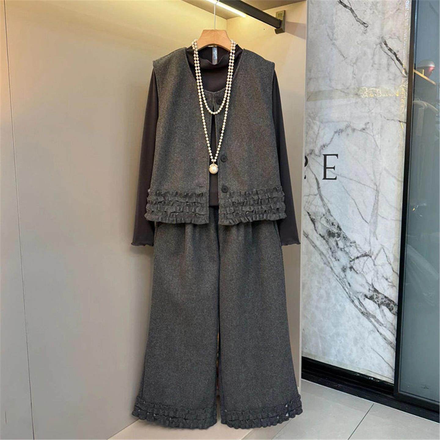 轻奢设计感花边马甲裤子打底衫优雅套装2025新款胖妹妹大码女装潮,女装/女士精品,大码套装,淘宝优惠券,粉丝福利购,淘宝优惠卷