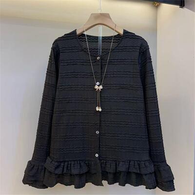 大码女装春季新品时尚黑色蕾丝衫韩版拼接长袖上衣显瘦荷叶边小衫