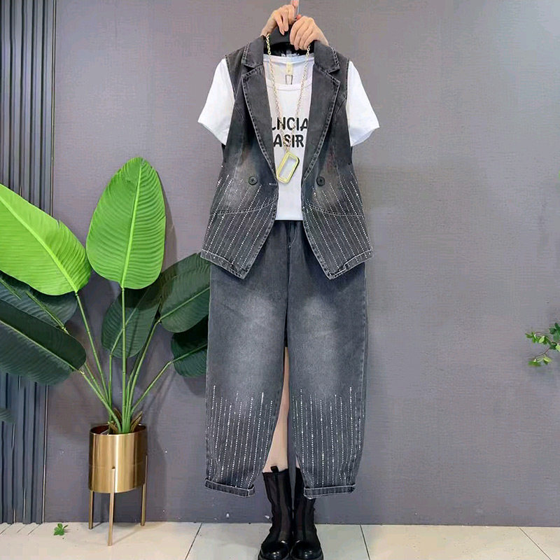 2025新款大码女装胖MM宽松复古牛仔时尚重工烫钻马甲牛仔裤打底衫