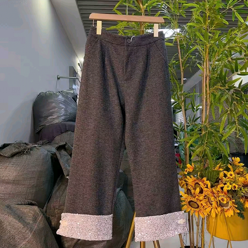 冬季新款胖妹妹大码女装时尚毛呢料保暖加厚宽松舒适百搭阔腿裤潮