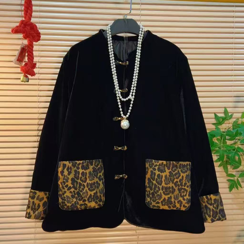 大码女装秋冬新款时尚新中式风黑色丝绒外套女豹纹拼接盘扣棉服潮