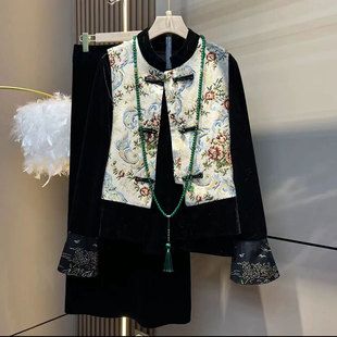 女装 新中式 大码 胖MM新款 丝绒上衣马甲半身裙三件套 复古网红爆款