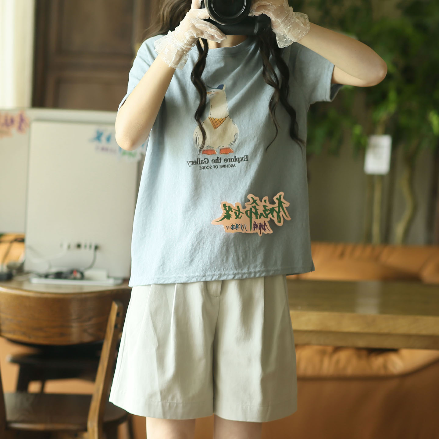 2025新款夏季卡通动物印花圆领竹节棉蓝色短袖T恤女装宽松显瘦潮