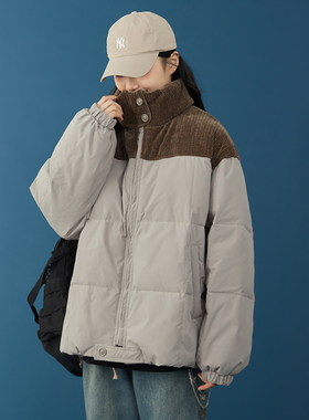 灯芯绒哦拼接短款宽松羽绒服女2023新款90白鸭绒宽松保暖学生外套