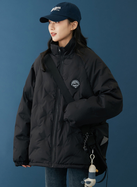 2022年冬季新款插肩袖立体压印休闲短款白鸭绒轻薄黑色羽绒服女潮