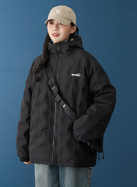连帽轻薄黑色羽绒服女冬季新款短款宽松满印90白鸭绒休闲保暖外套