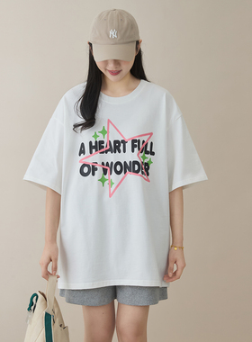 趣味涂鸦前后印花纯棉短袖T恤女2025夏季新款宽松落肩白色体恤衫