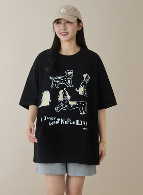 ins短袖女2025夏季新款卡通小狗白色黑色260g纯棉宽松休闲T恤上衣