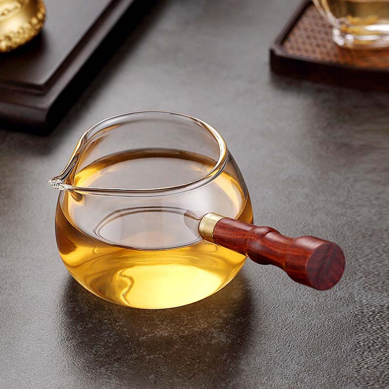 日式加厚实木侧把分茶器功夫茶具耐热高温玻璃公道杯茶海茶漏