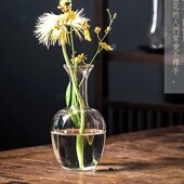 禅意茶道花 复古透明玻璃插花水瓶茶室摆件 国风宋代美学花瓶 中式