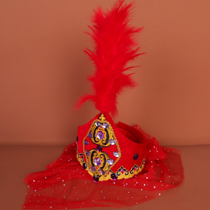 新疆舞蹈小花帽民族风舞台头饰维吾尔族女士表演舞台羽毛空顶帽子