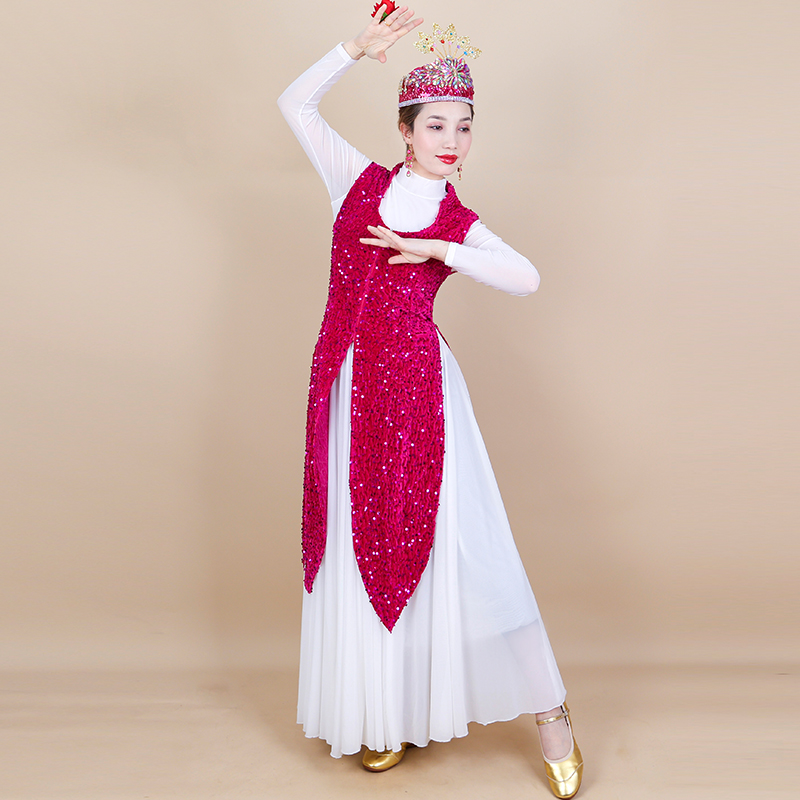 七彩亮片新疆舞蹈长款马甲女