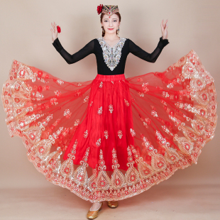 720度新疆舞蹈演出服网纱绣花半身裙女民族服饰维族大摆飘逸舞裙