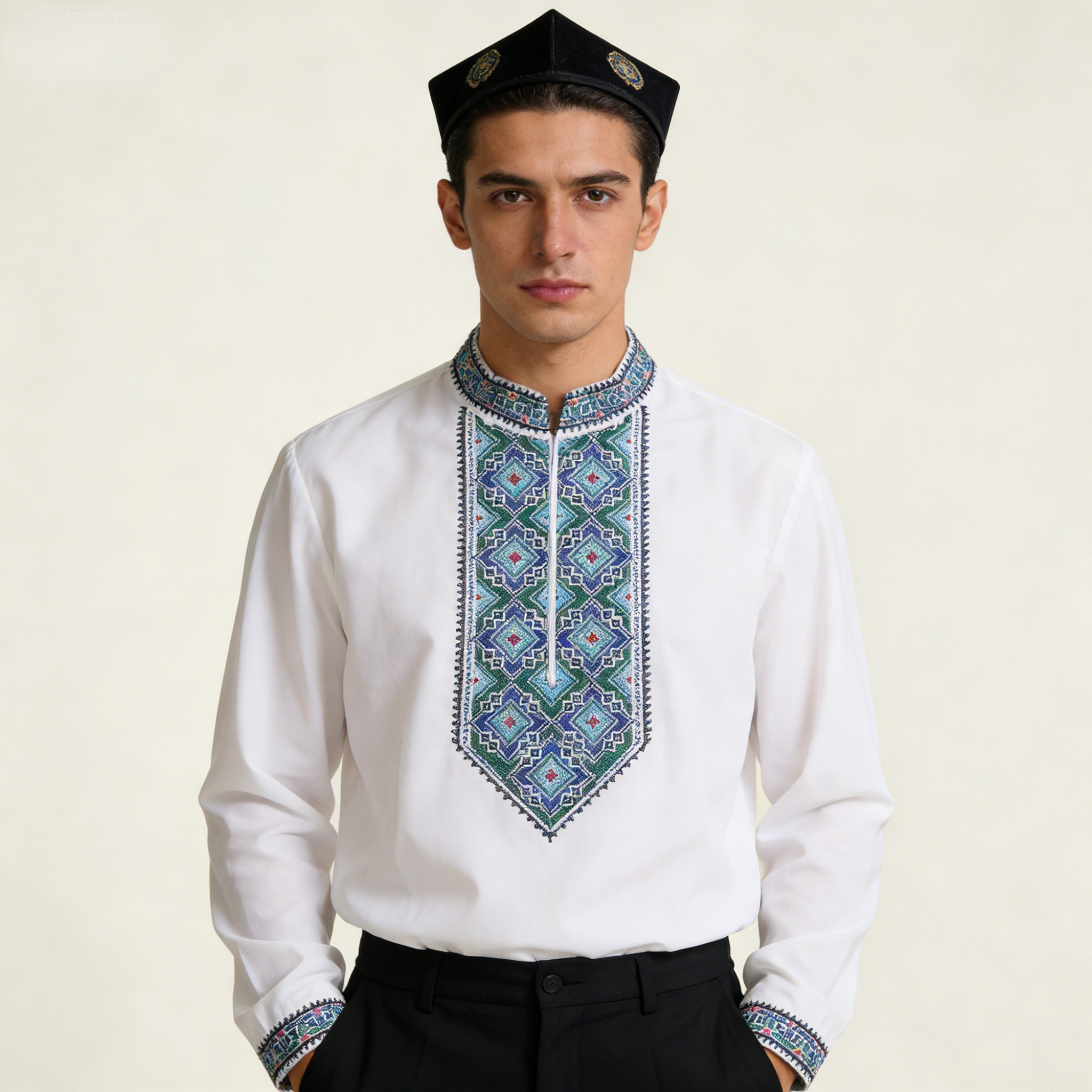 新疆民族风长袖衬衫重工刺绣春夏款男传统服饰宽松版维吾尔族服装