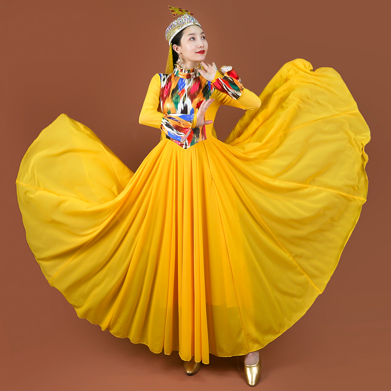 新款新疆舞蹈演出服女高定款民族风高领裙子维吾尔族舞表演连衣裙-封面