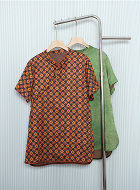 新中式国风复古斜襟绿色衬衫女2025夏新品提花缎面宽松中长款上衣