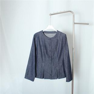 压褶时尚棉麻上衣牛仔外套2025年秋季新款圆领宽松复古亚麻衬衫女