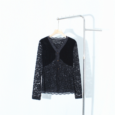 复古高级感蕾丝花边打底衬衫女2025秋季新款V领修身显瘦丝绒上衣