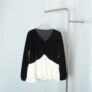 欧货时尚女黑色V领丝绒拼接丝绒长袖上衣法式荷叶边遮肉显瘦衬衫