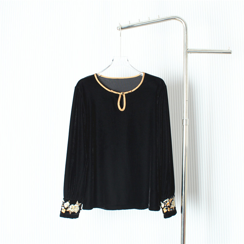 新中式刺绣袖口精美刺绣衬衫女春秋新款时髦洋气减龄丝绒长袖上衣