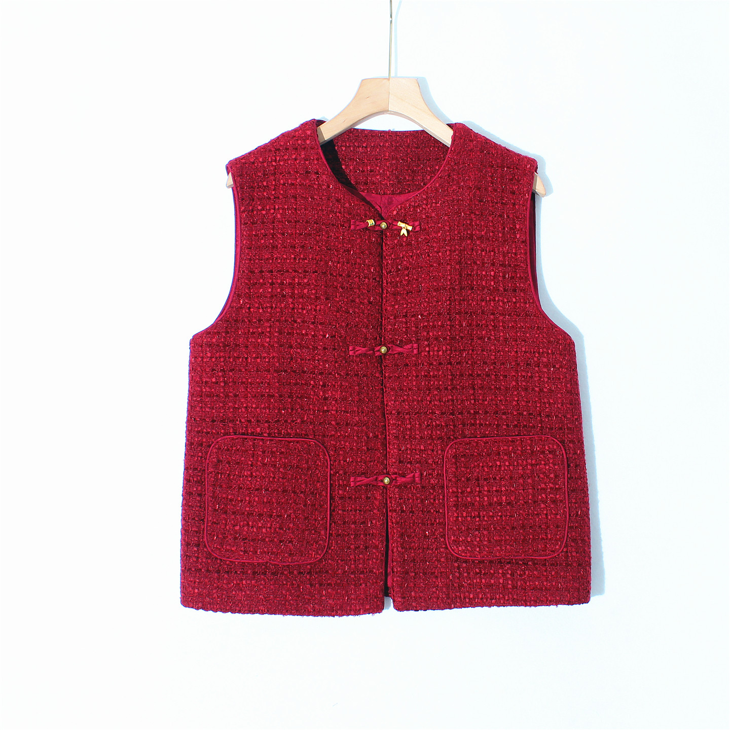 秋冬新款小香风粗花呢红色马甲女法式无袖坎肩背心外穿马夹女上衣