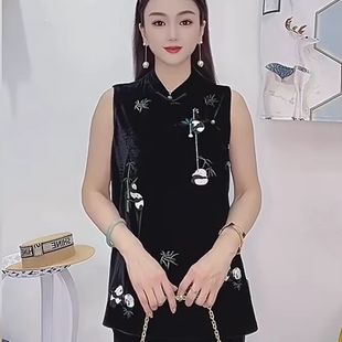 新中式女装黑色熊猫印花盘扣无袖丝绒马甲外套早秋设计感国风上衣