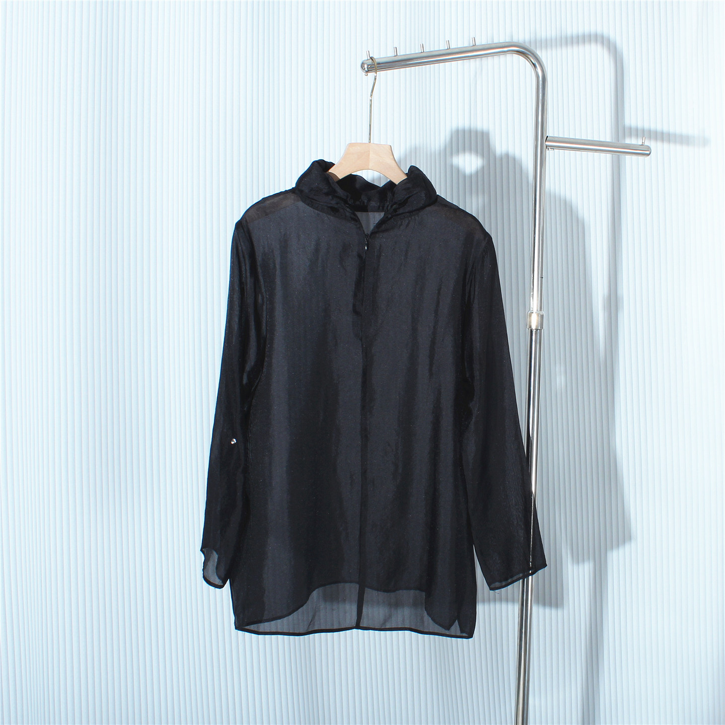 高领压褶天丝透视衬衫女2026春秋长袖宽松开叉轻薄罩衫上衣打底衫