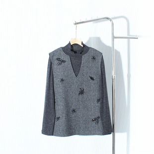 复古刺绣亮片马甲女2025秋季新款高领打底衫两件套叠穿马夹上衣