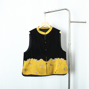 新中式国风蝴蝶刺绣背心马甲女时髦洋气减龄丝绒撞色无袖叠穿坎肩