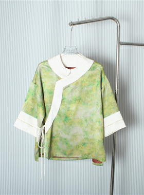 Y幂同款新中式国风绿色立领斜襟系带衬衫女秋季宽松显瘦汉服上衣