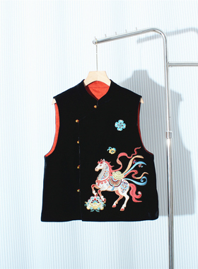新中式重工刺绣马甲复古立领单排扣黑色生肖马到成功国风背心上衣