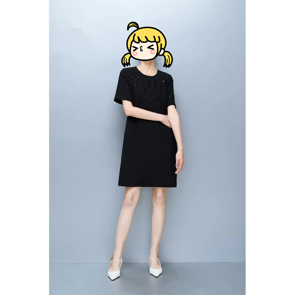欧洲站夏季新款时尚圆领重工钉珠连衣裙女气质优雅宽松显瘦中长裙