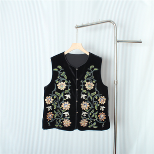 黑色圆领洋气丝绒新中式马甲背心女重工花朵刺绣高贵国风背心上衣