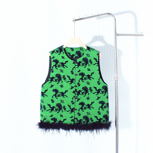 新中式国风提花鸵鸟毛马甲女2025冬季新款复古绿色坎肩上衣潮