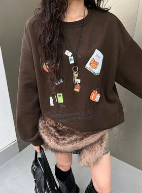 上衣宽松配饰加绒卫衣慵懒卡通85515带2025冬季魔术贴印花中长款