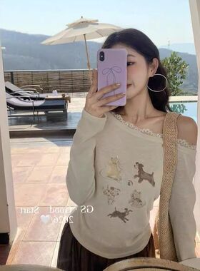 长袖趣味甜美风STA韩系GOOD小衫斜肩RT女.休闲印花 N0180WGS春季