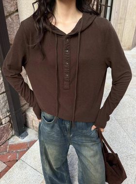 连帽2025新款长袖法式修身女T恤百搭休闲复古冬季卫衣抽绳85529
