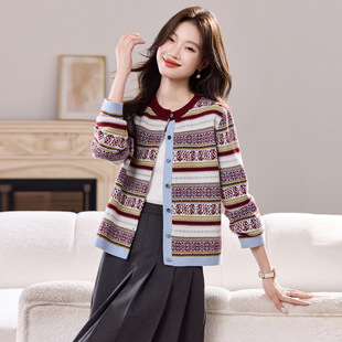 条纹复古提花针织开衫女春秋漂亮洋气独特上衣短款高级感毛衣外套